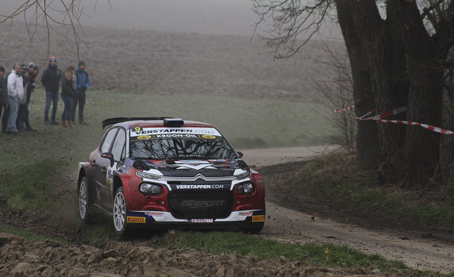 Jos Verstappen in actie tijdens zijn rallydebuut tijdens de Rally van Haspengouw (België) in de Citroën C3 Rally2